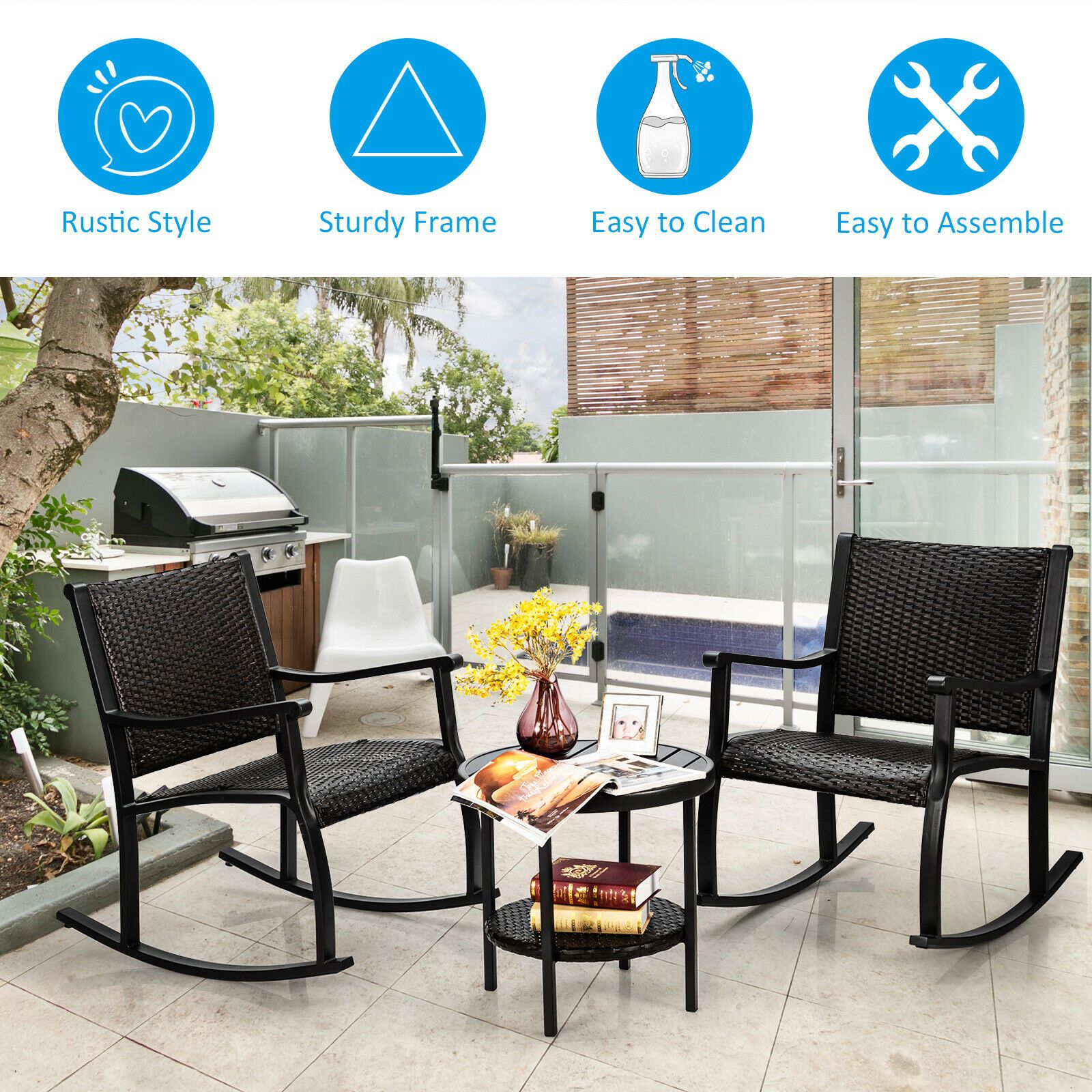 3 Piece Rocking Table Chairs Set with Coffee Table for Poolside